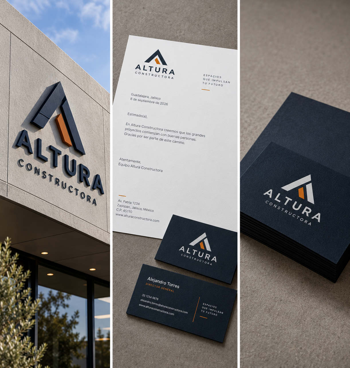 Brand board de Altura Constructora: fachada, papelería y tarjetas de presentación