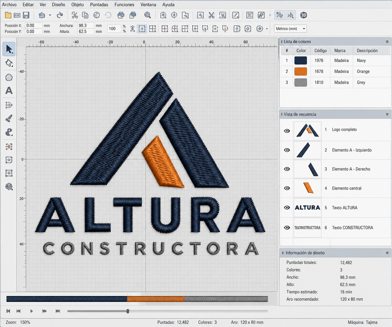 Digitizado del logotipo Altura Constructora en software Tajima — 12,482 puntadas en 3 colores