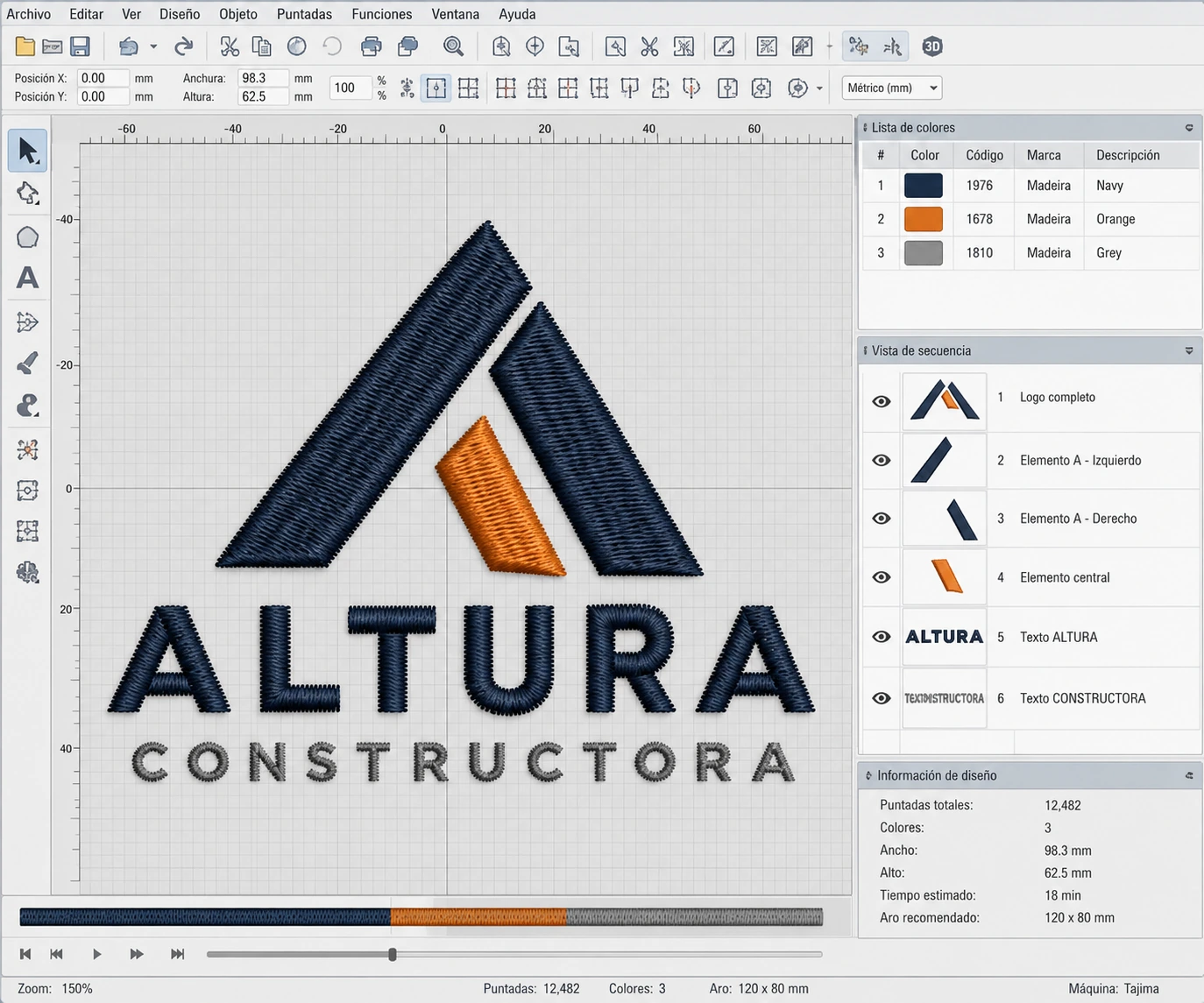 Digitizado del logotipo Altura Constructora en software Tajima — 12,482 puntadas en 3 colores