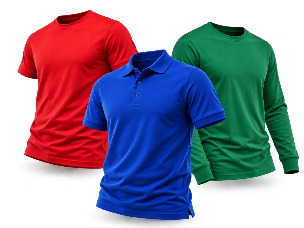 Composición ilustrativa de una playera roja, un polo azul y una playera verde de manga larga, sin personalizar