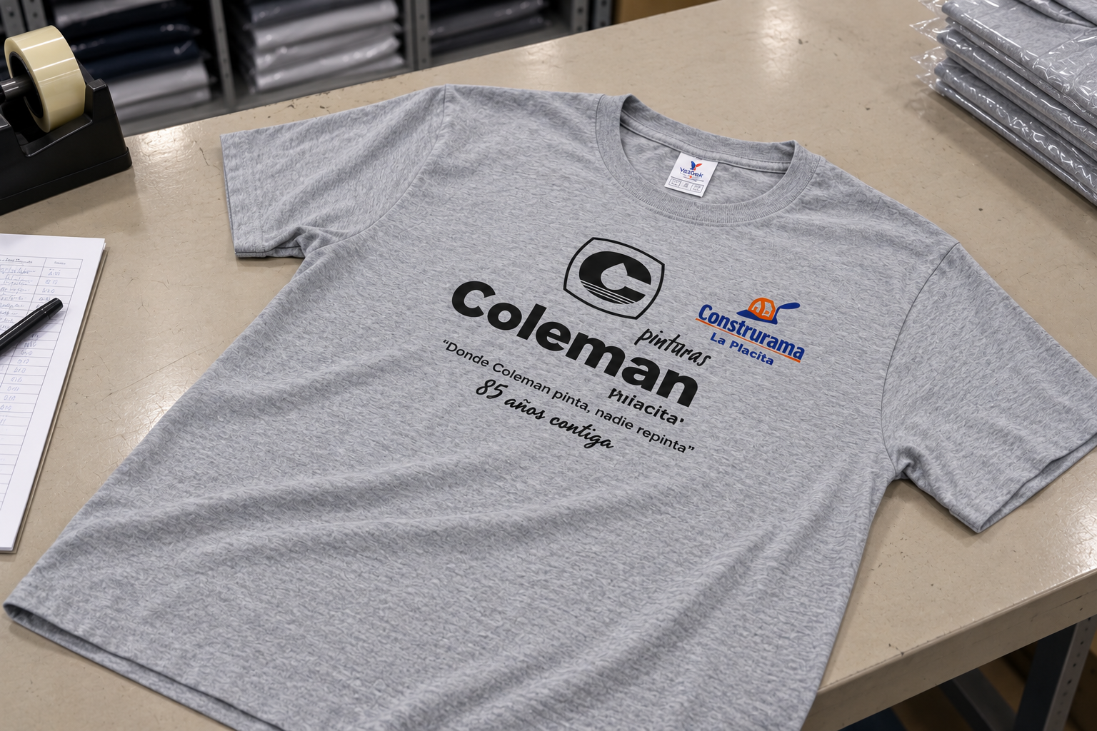 Playera gris con estampado Coleman y Construrama La Placita en serigrafía