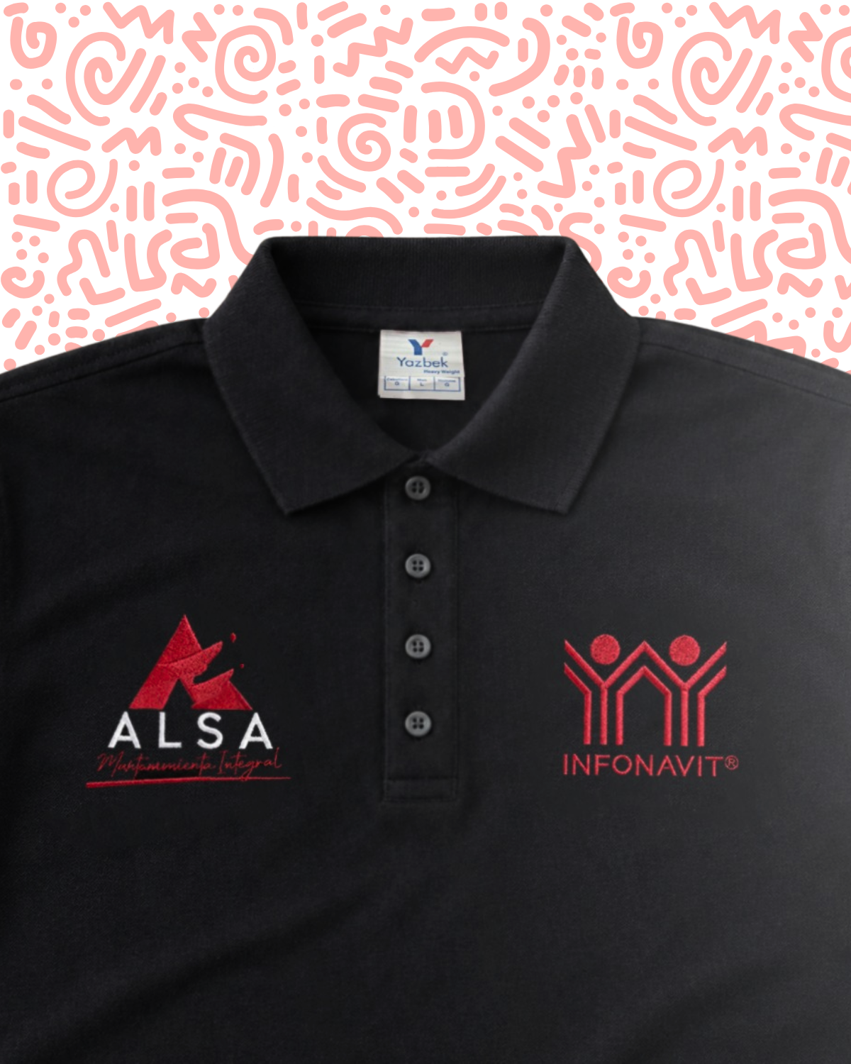 Polo negro Yazbek con bordado ALSA e INFONAVIT en hilo rojo